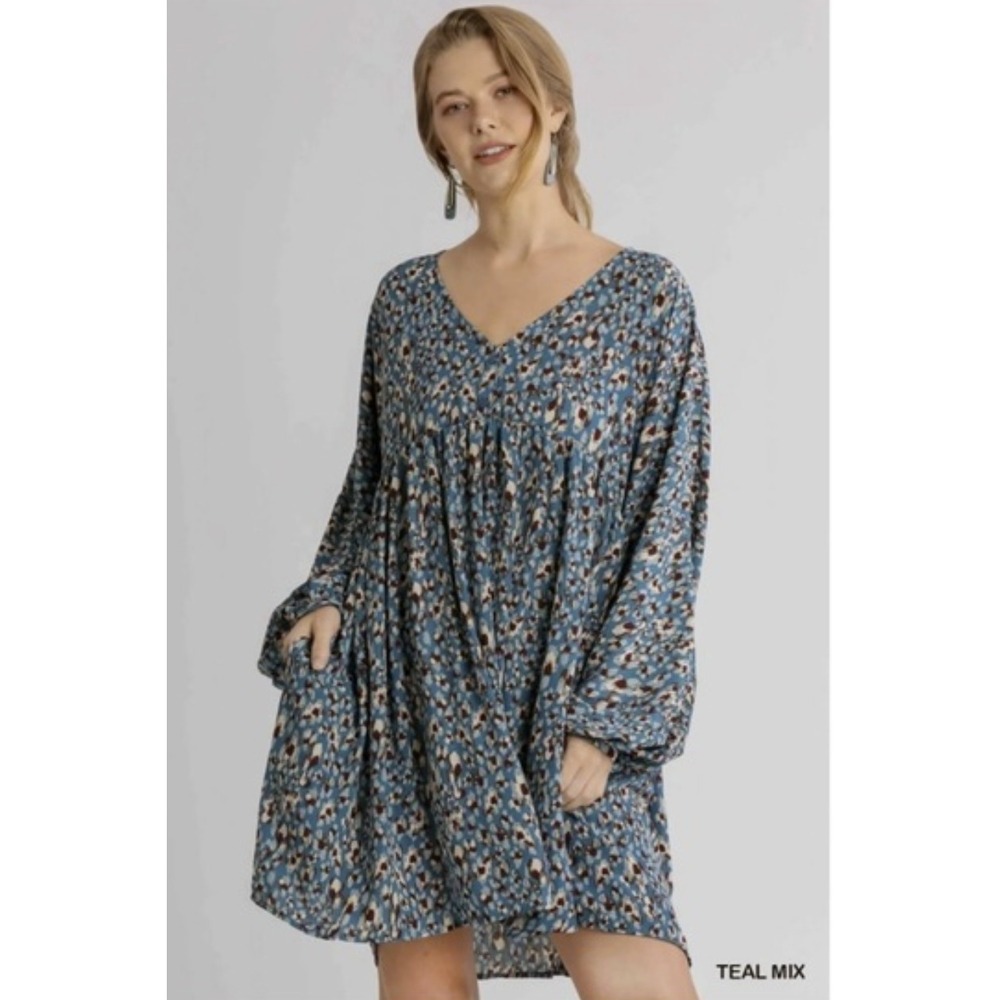 Umgee USA Womens Teal Abstract Animal Print Babydoll Dress Long Sleeve Size M